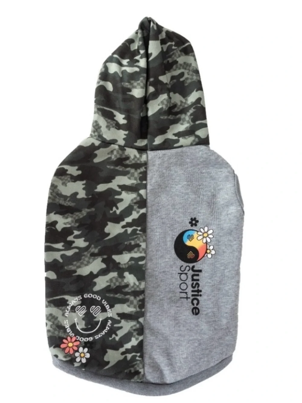 Justice Sport Split Camo and Gray Dog Hoodie.